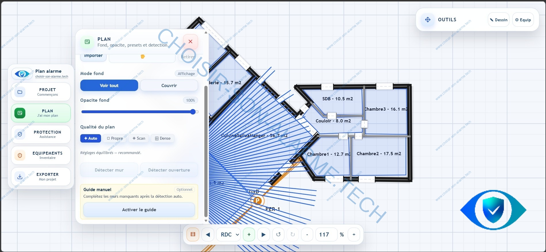 Analyse des murs et ouvertures dans le configurateur alarme maison