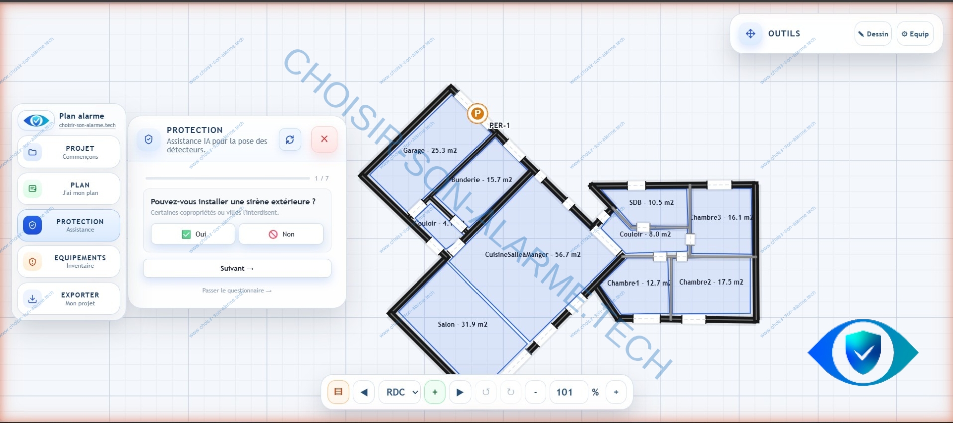 Placement des détecteurs sur un plan d alarme maison