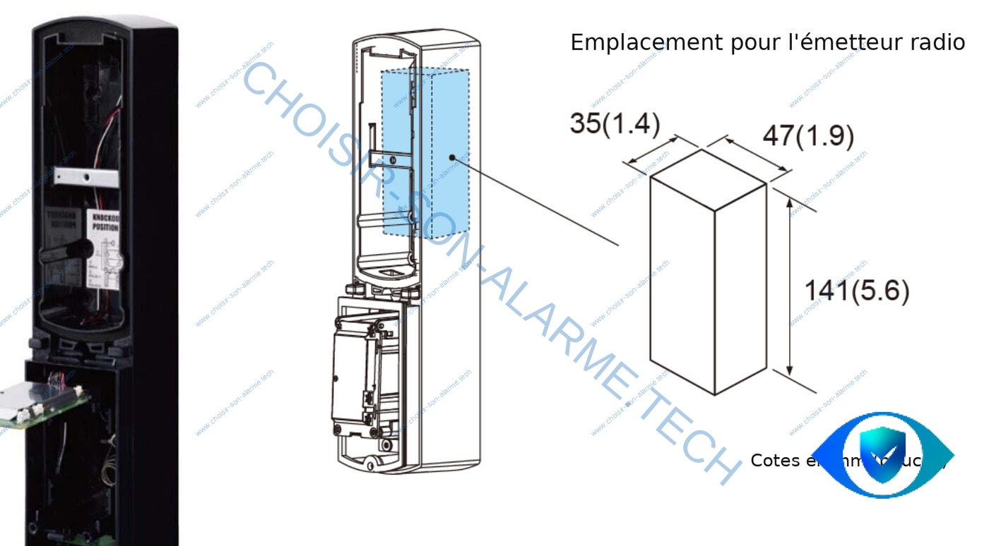 Logement réservé à l'émetteur radio dans le capot de la SL-100TNR, 35 x 47 x 141 mm